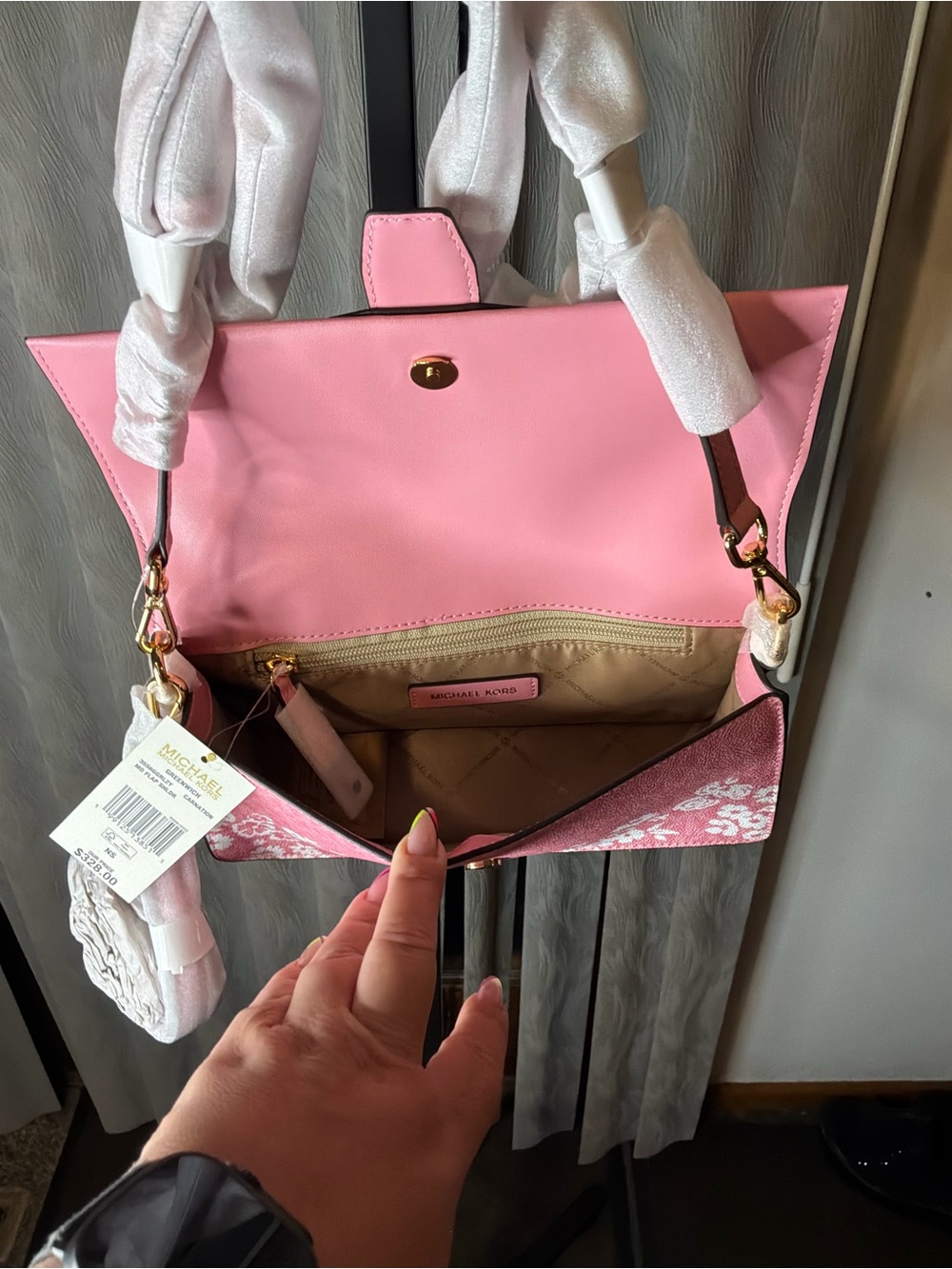 Michael Kors Pink Floral Crossbody with Gold MK Accent - Picture 3 of 3